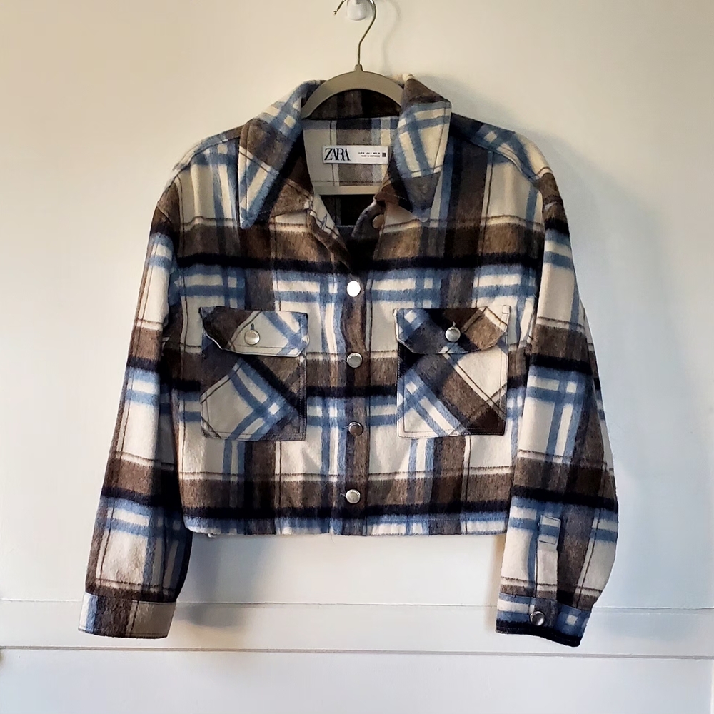 Zara Cream, Brown & Gray Plaid Shirt Jacket